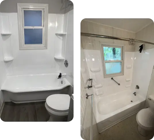Refinished white bathtub and shower surround with built-in shelves and frosted window