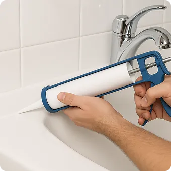 Applying caulk around a bathtub with a caulking gun