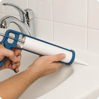Applying caulk around a bathtub with a caulking gun