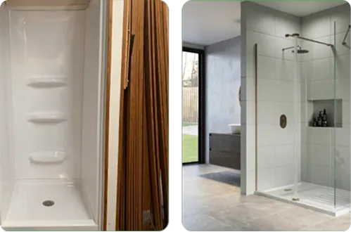 Refinished shower stall compared with a modern glass walk-in shower