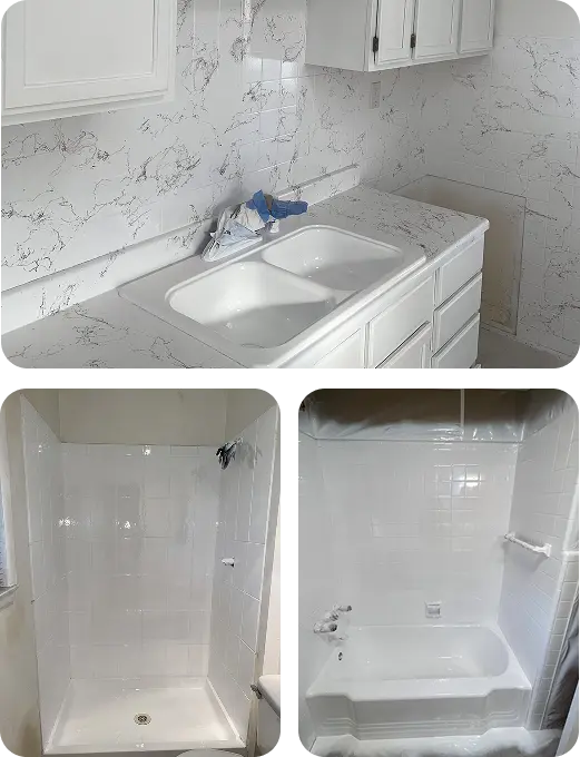 Kitchen countertop and white shower and bathtub surround remodeling with modern wall panels